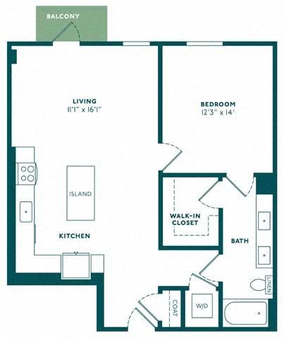 Floor plan for 1 bed, 1 bath, 886 sqft